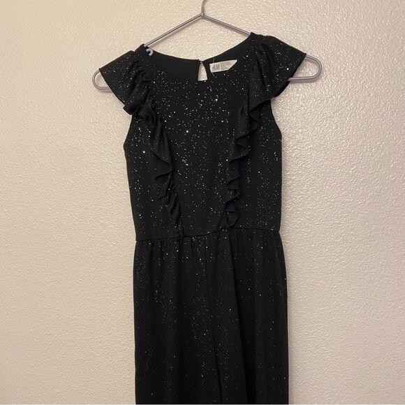H&M black sparkly stretch cotton wide leg ruffle jumpsuit romper 8-10 - Picture 7 of 10